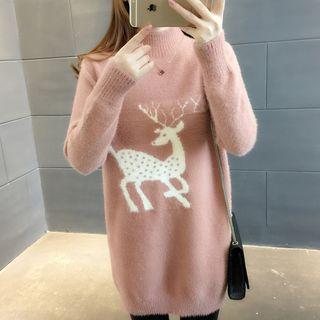 Mock-neck Deer Print Long Sweater