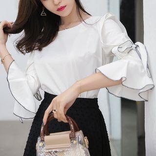 3/4-sleeve Contrast Trim Ruffled Top