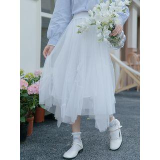 Asymmetrical Mesh Midi A-line Skirt White - One Size