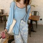 Long-sleeve Contrast Trim Side-slit T-shirt / High-waist Dyed Printed Wide-leg Pants