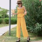 Set: Buttoned Sleeveless Top + Wide Leg Pants