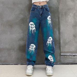 Skull Print Tie-dye Jeans