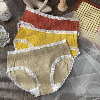Set Of 3: Lace Trim Panties K1040 - Khaki & Yellow & Red - One Size