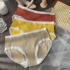 Set Of 3: Lace Trim Panties K1040 - Khaki & Yellow & Red - One Size