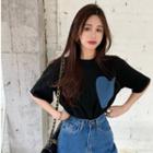 Short Sleeve Round Neck Two Tone Heart Print T-shirt