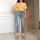 Set: Short-sleeve Cropped Sweater + Cropped Straight Fit Jeans