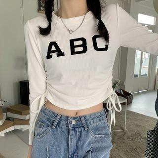 Long-sleeve Lettering Drawstring Crop Shirt