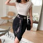 Set: Short-sleeve Plain Blouse + Asymmetrical Pencil Skirt