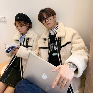 Couple Matching Contrast Trim Fleece Zip-up Jacket