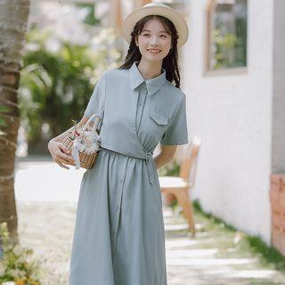 Short-sleeve Buckled Midi Shirt Dress
