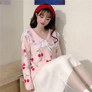 Cherry Printed Lace Trim Collared Sweater