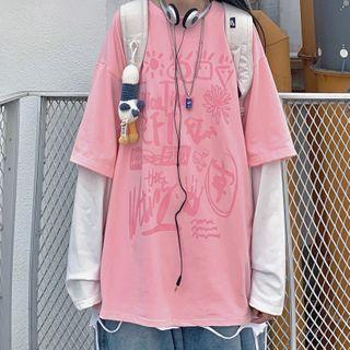 Mock Two-piece Long-sleeve Graphic Print T-shirt Pink - One Size