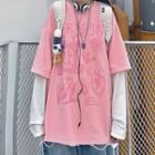 Mock Two-piece Long-sleeve Graphic Print T-shirt Pink - One Size