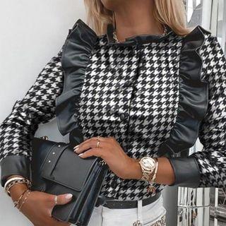Faux Leather Ruffle Trim Blouse