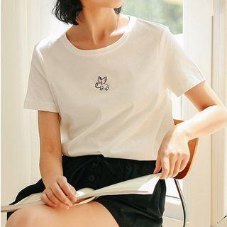 Pig Embroidered Short-sleeve T-shirt White - One Size