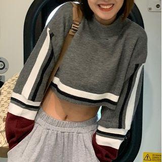 Color-block Long-sleeve Cropped Sweater Gray - One Size