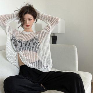 Long-sleeve Lettering Striped Sheer Knit Top