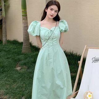 Puff-sleeve Sweetheart Neckline Lace-up Midi A-line Dress Dress - Green - One Size