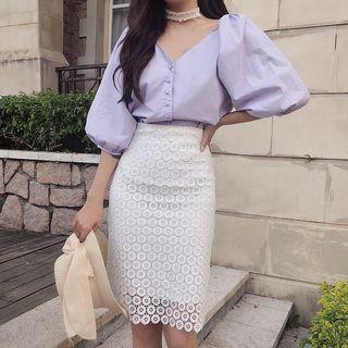 V-neck Elbow-sleeve Blouse / Lace Pencil Skirt