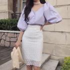 V-neck Elbow-sleeve Blouse / Lace Pencil Skirt