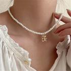 Bear Pendant Faux Pearl Necklace 1780a# - White & Gold - One Size