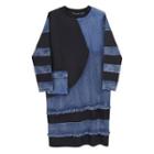 Fray Hem Denim Panel Long-sleeve Midi A-line Dress Blue - One Size