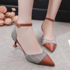 Plaid Panel Pointed Ankle Strap Pumps