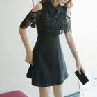 Cold-shoulder Eyelet Lace Panel Mini A-line Dress / Long-sleeve Mini Dress