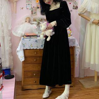 Long-sleeve Mock Neck Plain Top / Long-sleeve Square Neck Velvet Dress