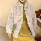 Furry Coat / Long-sleeve Mock Neck Plain Top / High-waist Corduroy Skirt