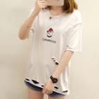 Dog Applique Ripped Short-sleeve T-shirt