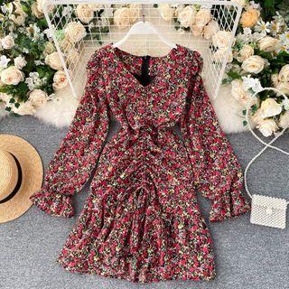 V-neck Long-sleeve Floral Ruffle Dress