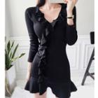 Ruffle Trim Long-sleeve Mini Knit Sheath Dress Black - One Size