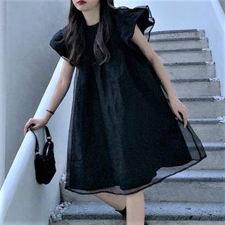 Cap-sleeve Mesh Overlay A-line Dress Black - One Size