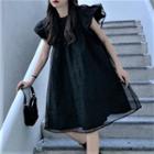 Cap-sleeve Mesh Overlay A-line Dress Black - One Size