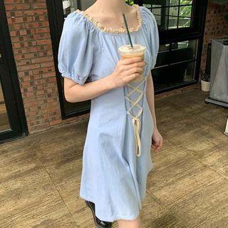 Puff Sleeve Lace Trim Square Lace-up A-line Dress