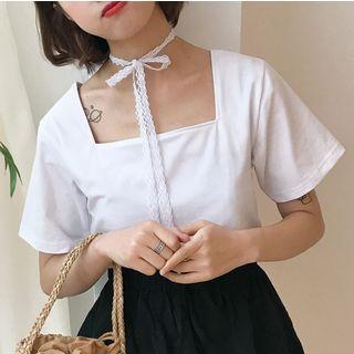 Lace Trim Square-neck Short-sleeve T-shirt