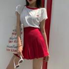 Short-sleeve Cherry Embroidered T-shirt / Pleated Skirt