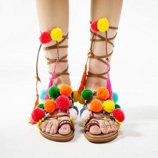 Pompom-accent Lace-up Flat Sandals