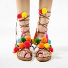 Pompom-accent Lace-up Flat Sandals