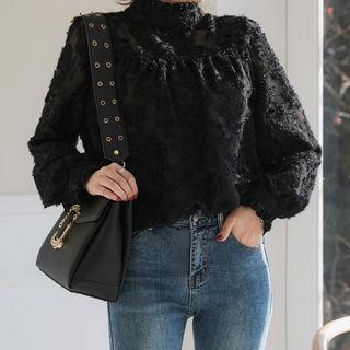 High-neck Fringed Sheer Blouse