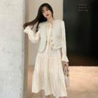 Tweed Vest / Bell-sleeve Midi A-line Dress / Set