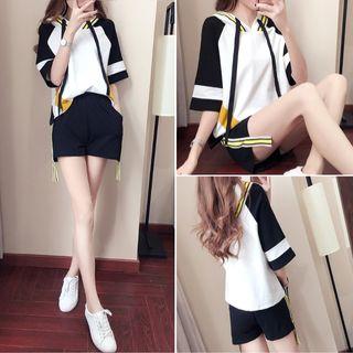 Set: Elbow-sleeve Striped Trim Hoodie + Sweatshorts