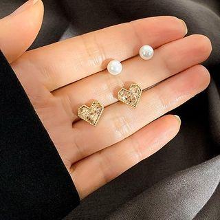 Rhinestone Heart Faux Pearl Earring 1 Pair - Silver - As Shown In Figure - One Size