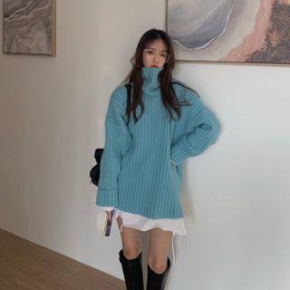 Turtleneck Ribbed Sweater / Long-sleeve Ripped T-shirt