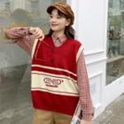 Color Panel Knit Vest Red - One Size