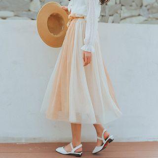 See-through Shirt / Sheer A-line Midi Skirt / Set
