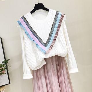 Frill-trim Cable Knit Sweater White - One Size