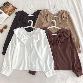 Plain V-neck Ruffled-trim Flare-sleeve Chiffon Blouse