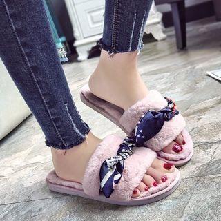 Patterned Bow Accent Furry Slippers